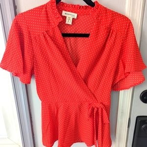 Red polka dot peplum top, monteau brand size small